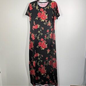 LuLaRoe Women’s Size M Maxi Dress Black with Red Floral Short Sleeve Scoop Neck